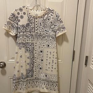 NWOT Tory Burch Cream and Black Paisley Mini Dress 34 ins to bottom of hem,
